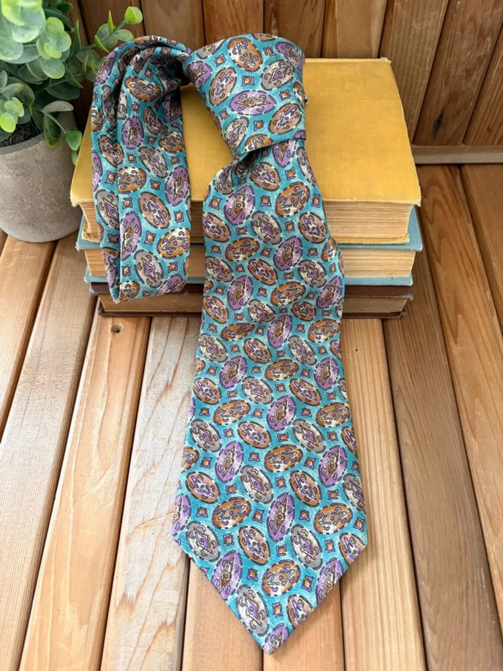 Givenchy Vintage Silk, Tie Teal Purple Geometric, Designer Menswear